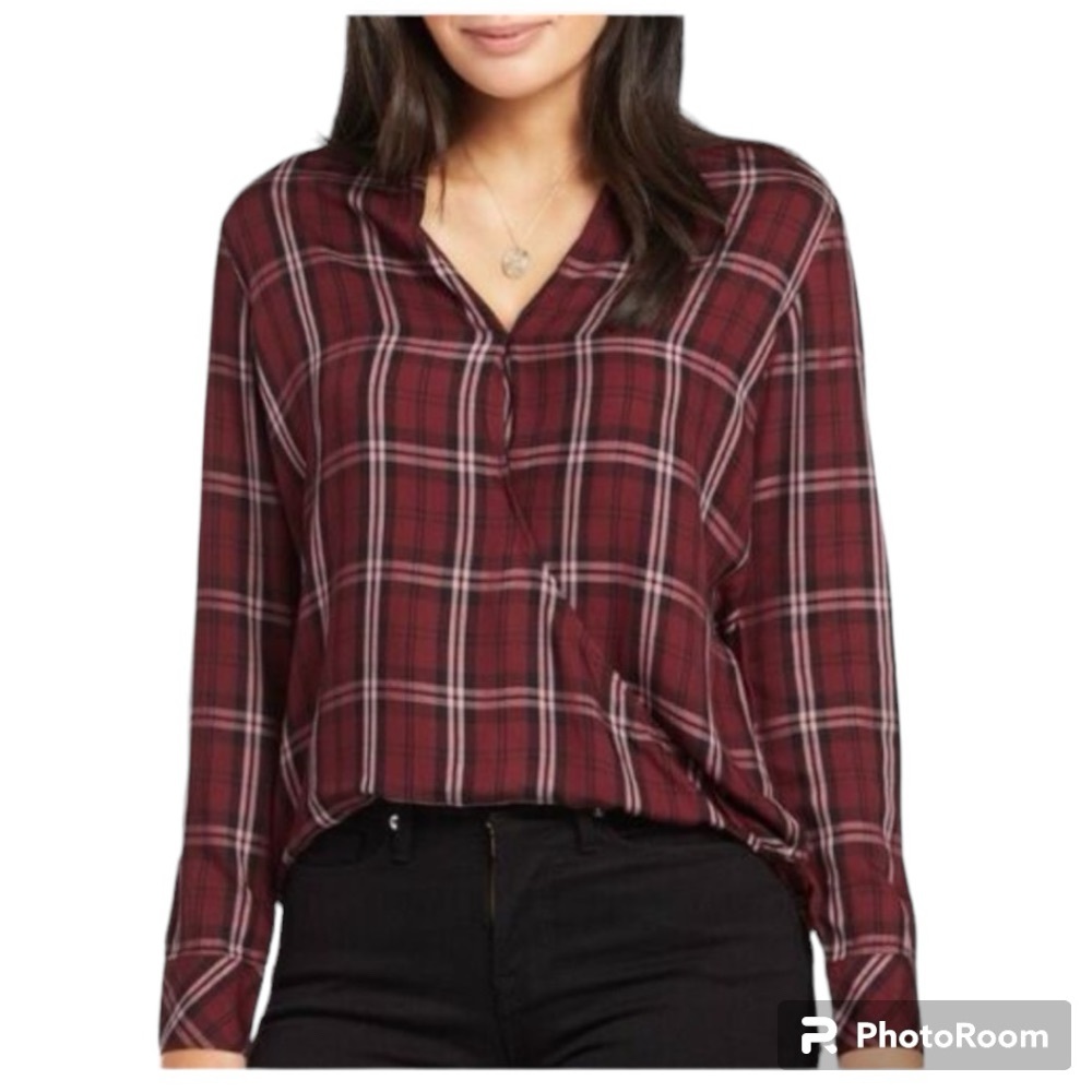 Cloth & Stone Drape Front Plaid Top